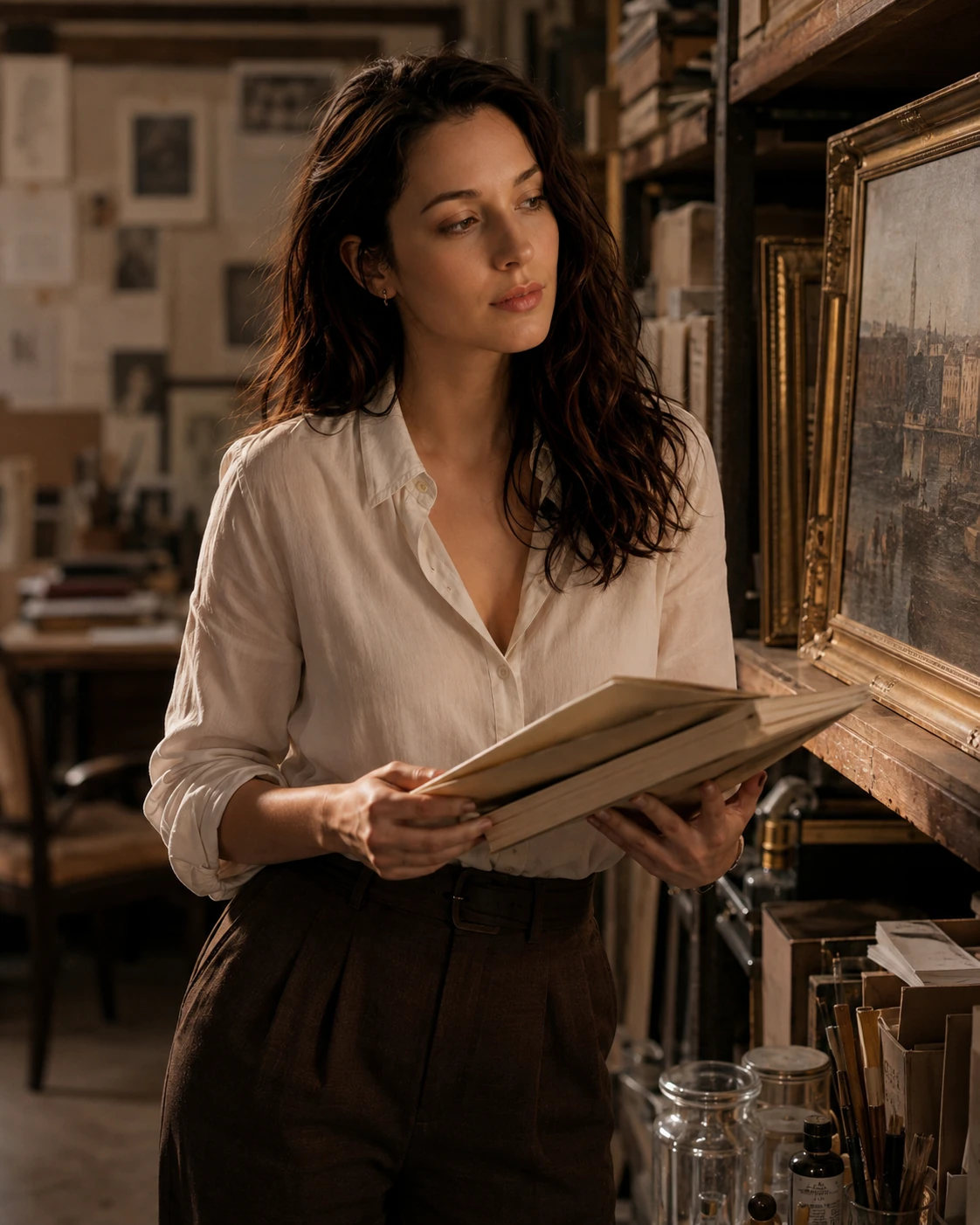Claire Moreau examining a painting in her Paris conservation studio