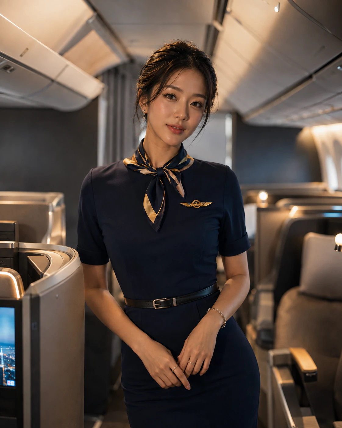 International flight attendant in unbranded professional styling
