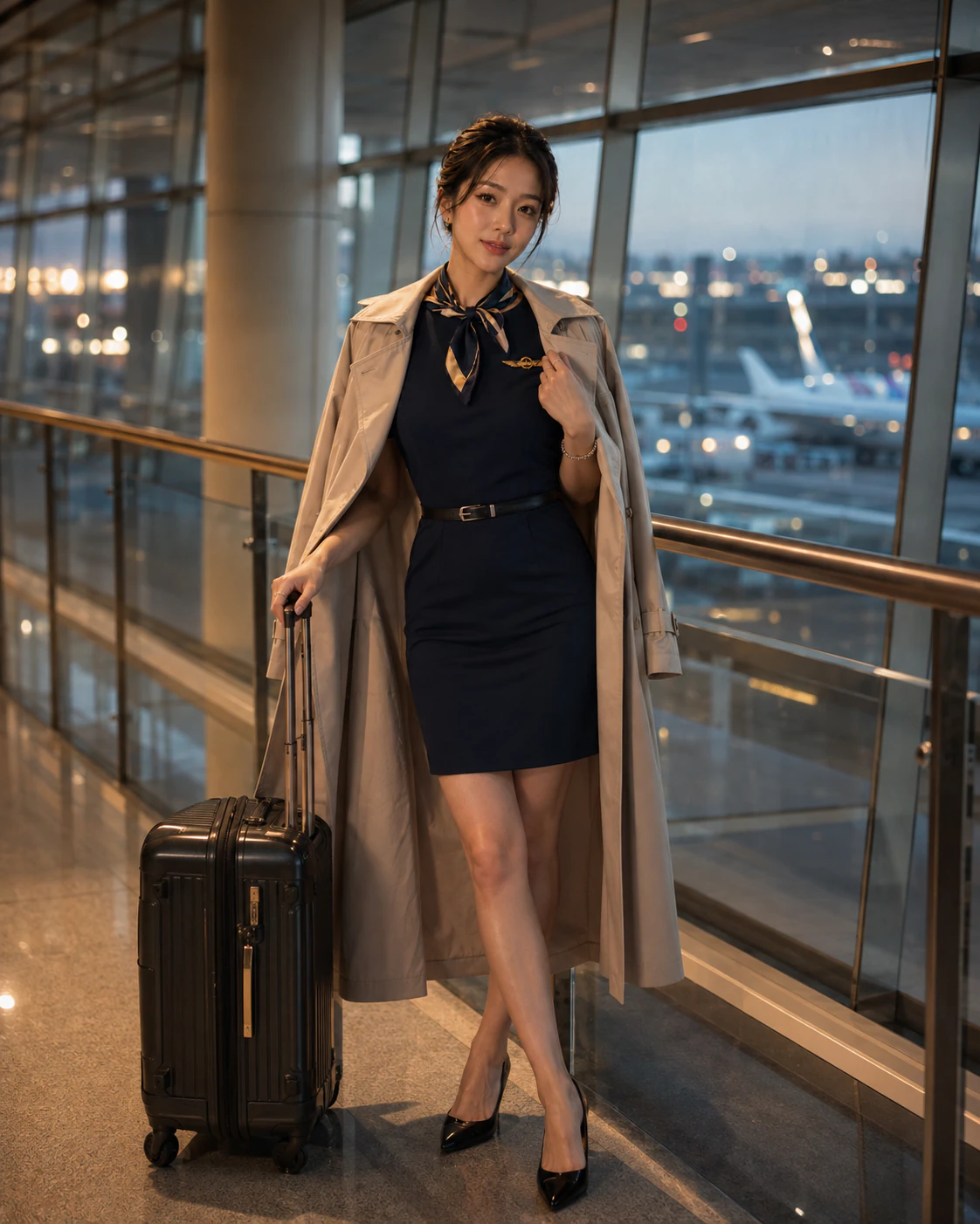 International flight attendant in unbranded professional styling