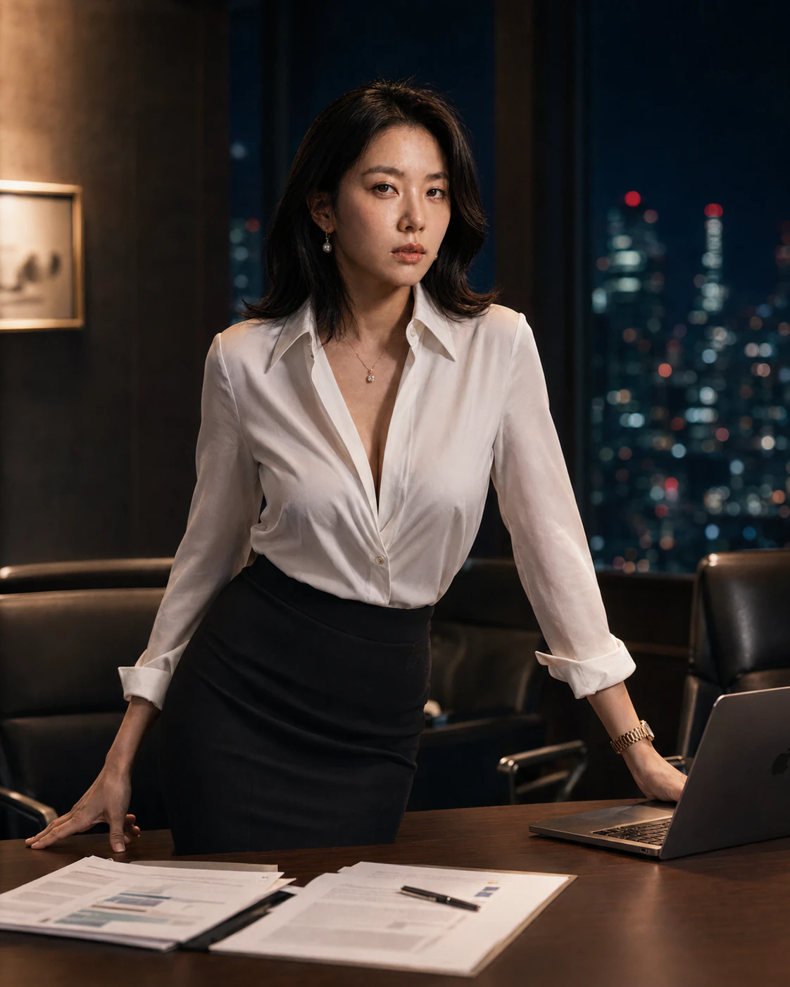 Seo Hae-rin seated in her Seoul office at night with city lights behind her