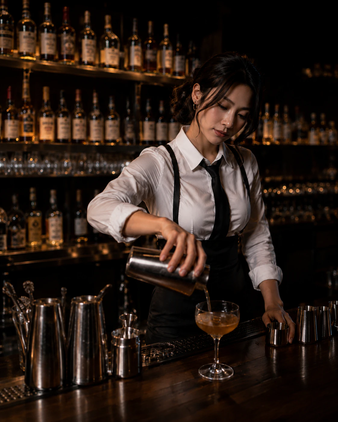 Rina Takahashi behind a small Tokyo cocktail bar after closing