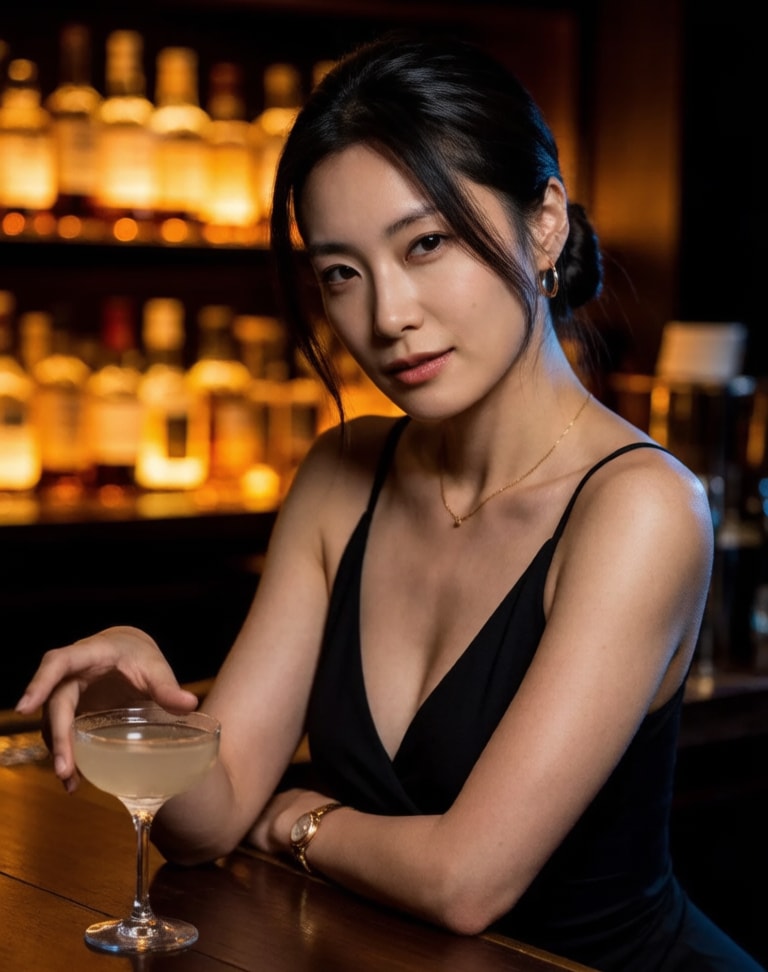 Rina Takahashi behind a small Tokyo cocktail bar after closing