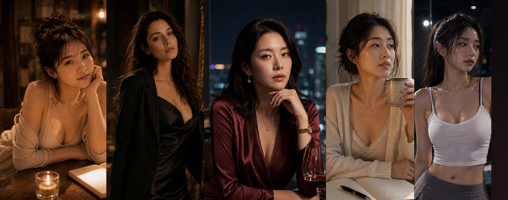 Hana, Claire Moreau, Seo Hae-rin, Sakura, and Mina — five fictional Raisay characters