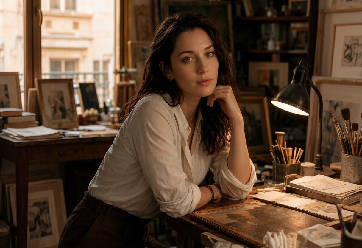 Claire Moreau examining a painting in her Paris conservation studio