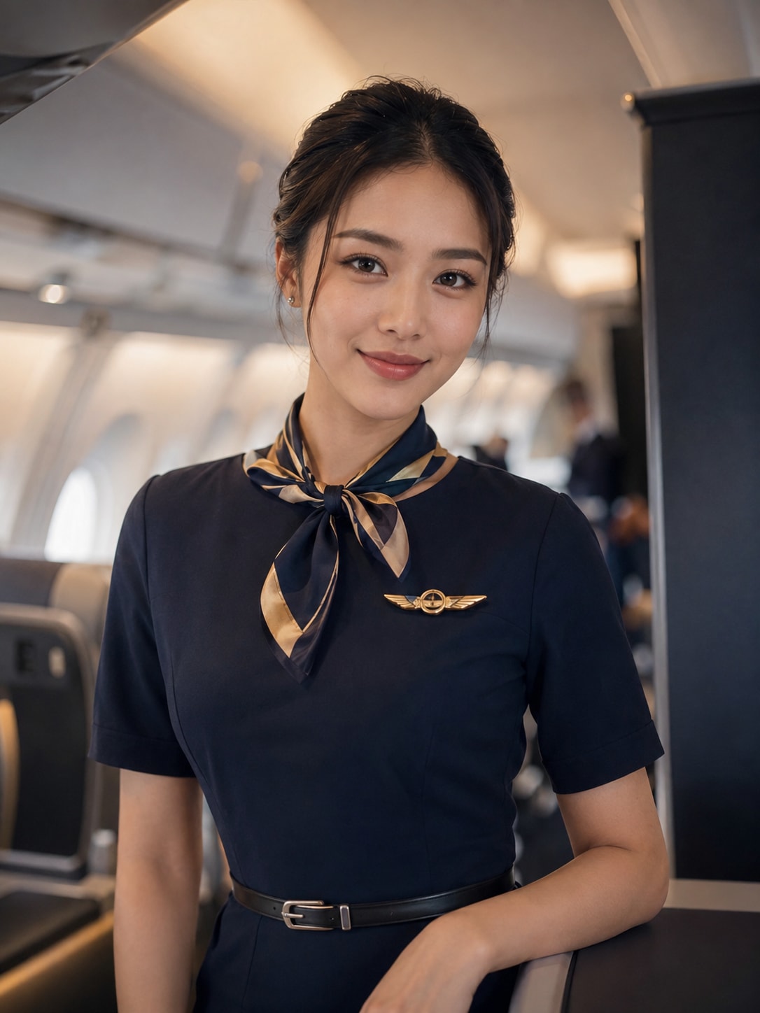 International flight attendant in unbranded professional styling