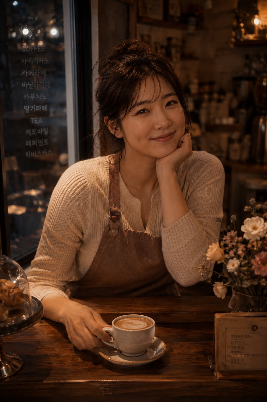 Hana inside her warm independent cafe in Seoul