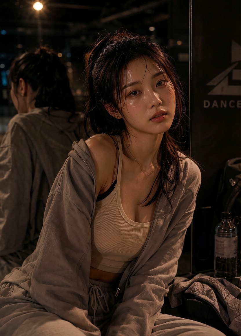 Mina resting in a Seoul dance studio after practice