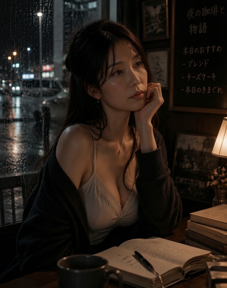 Sakura writing in a Tokyo cafe late at night